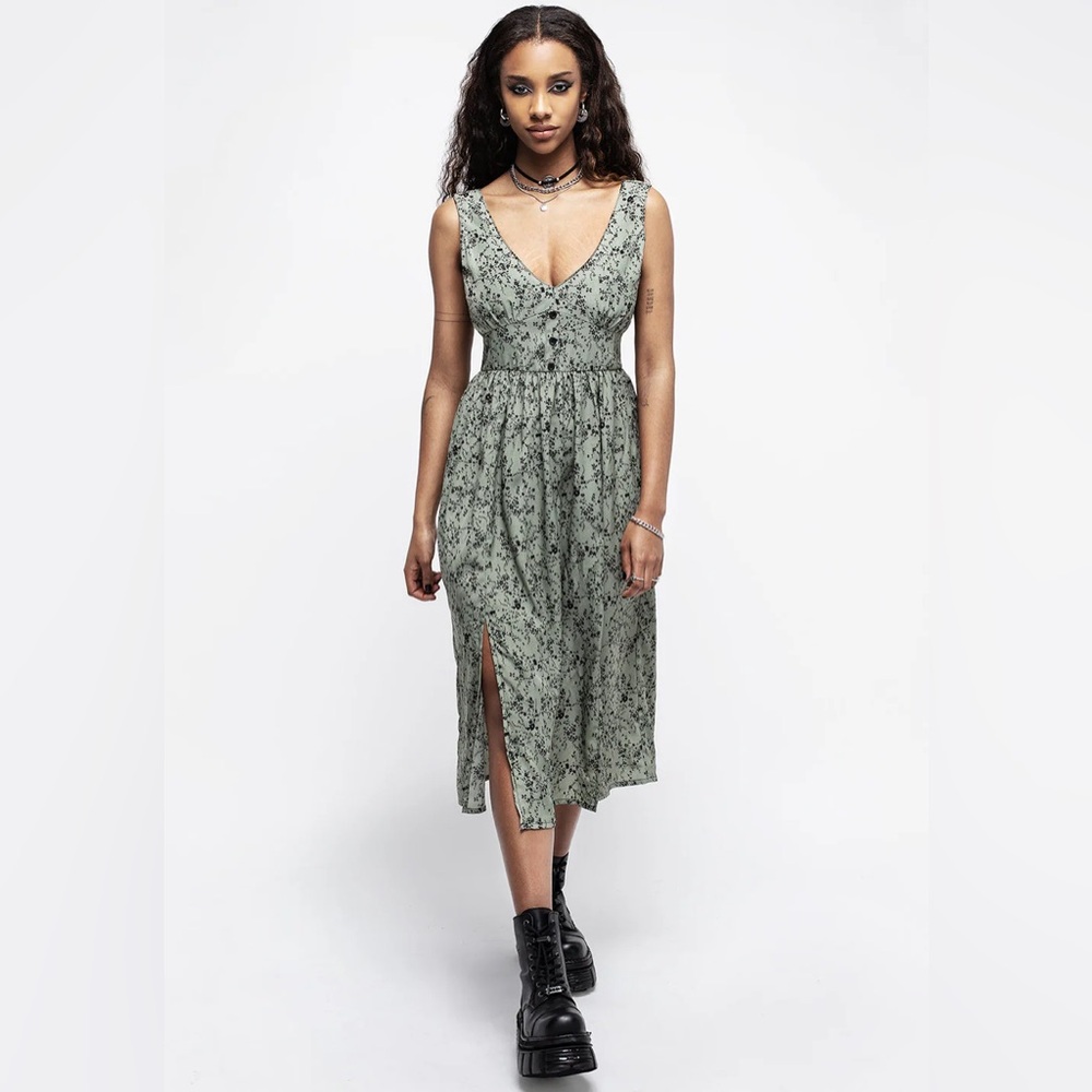 MSRP $65 NWT US 4 DISTURBIA Cassie Green Floral Corset Button Midi Split Dress